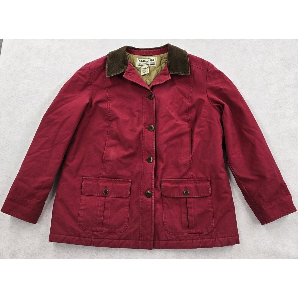LL Bean Chore Jacket Size Large P Red Canvas Barn Field Coat Corduroy Thinsulate